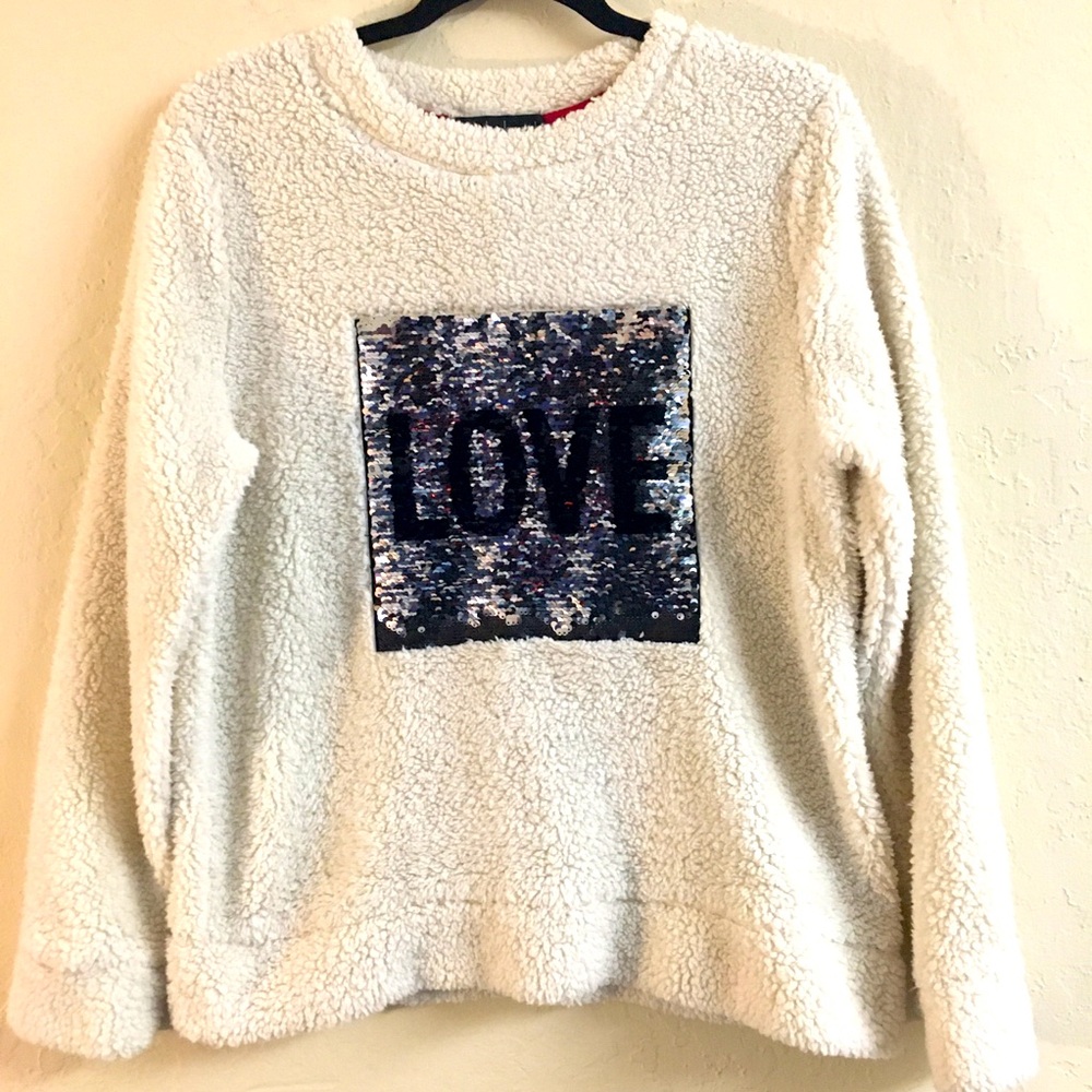 Derek Heart Sequin Fleece Love Heart Sweatshirt Large Valentine’s Day Cozy